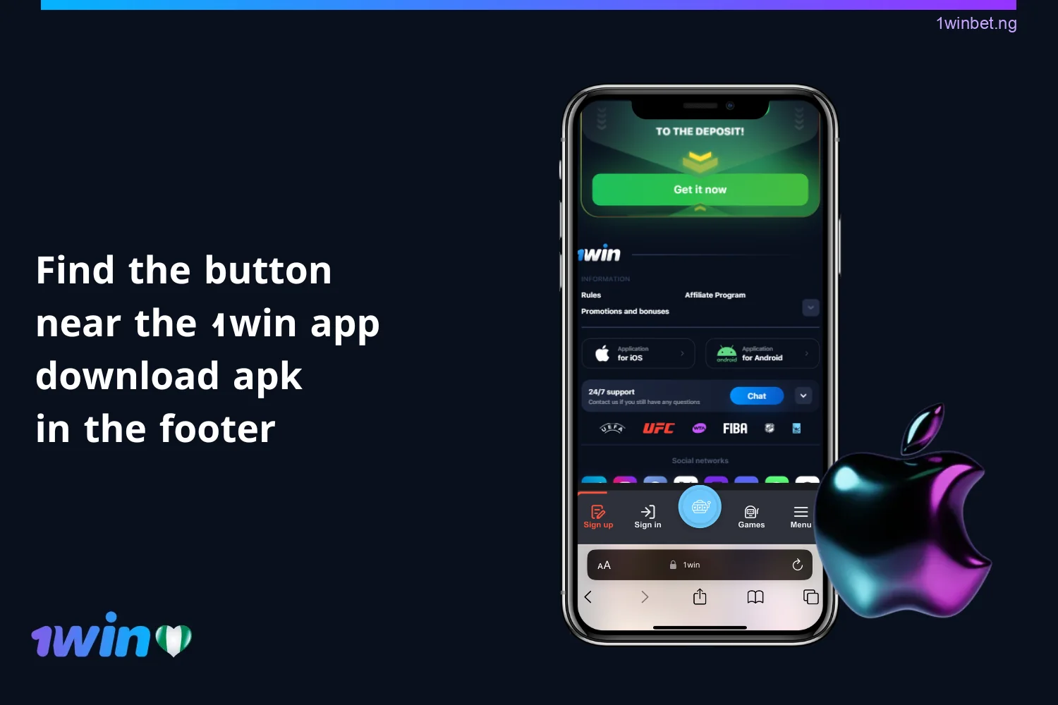 To download the application to iPhone, a user from Nigeria should click the button next to the 1win Download APK application in the footer